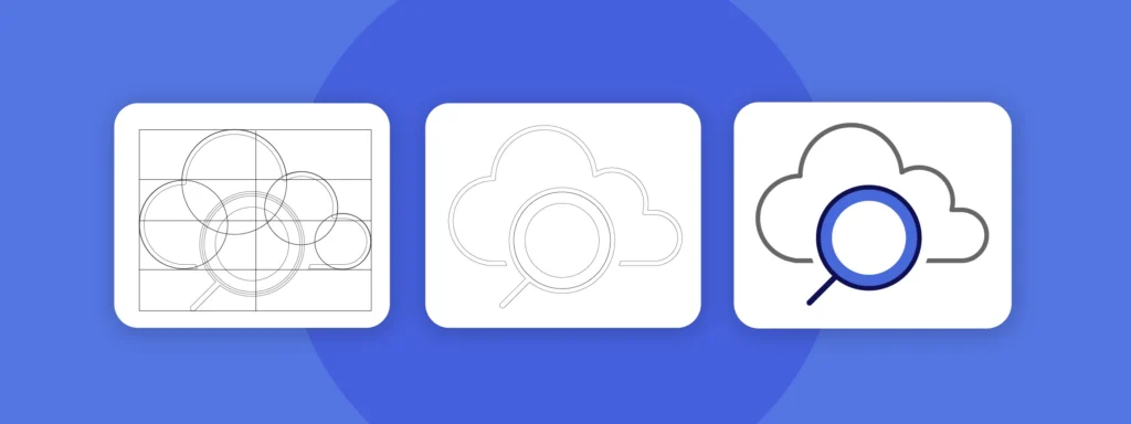UI redesign concept: cloud with magnifying glass, showing design process stages.