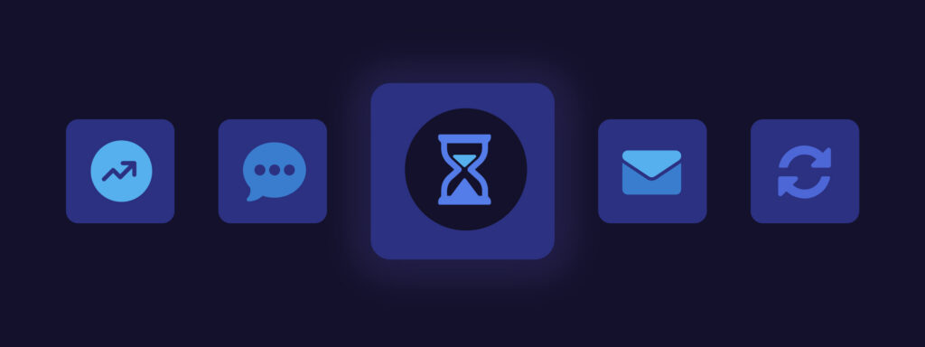 Productivity tool icons: chart, chat, hourglass, email, refresh.