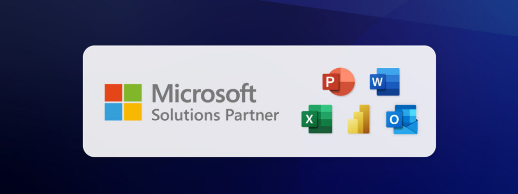 Microsoft Solutions Partner logo with icons for Excel, PowerPoint, Word, and Outlook.