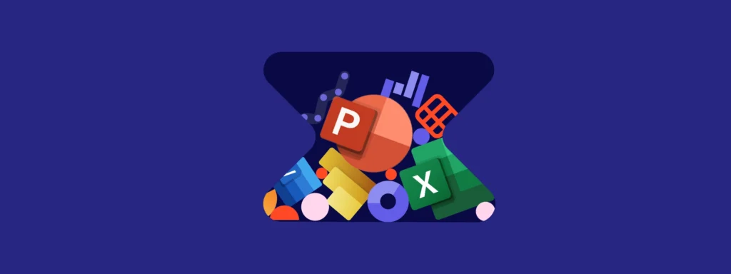 Microsoft Office icons representing productivity in finance, including PowerPoint and Excel.