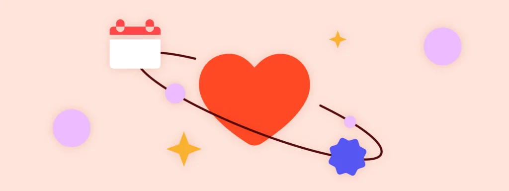 Calendar, heart, and shapes orbiting, representing the recipe for happiness at work by Philippe Chazalon.