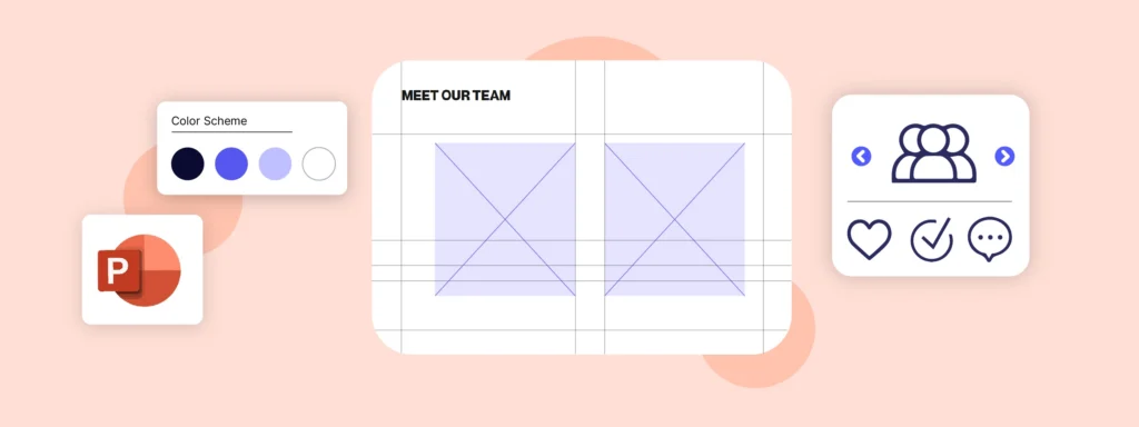PowerPoint template design concept: team page, color scheme, and engagement icons.