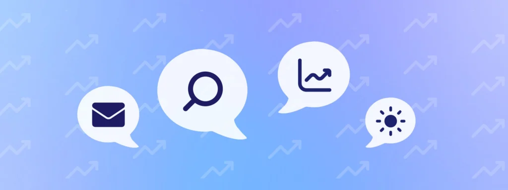 Icons in speech bubbles: Email, search, trend graph, and sun. Banker retention topics.