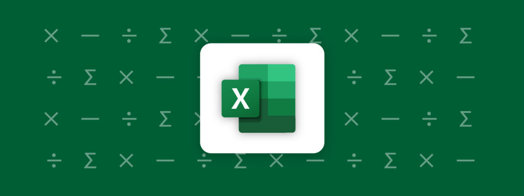 Excel icon on a green background with math symbols. Top 6 Excel financial functions.
