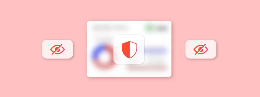 Document security concept: shield icon over blurred data, with privacy icons indicating hidden information.