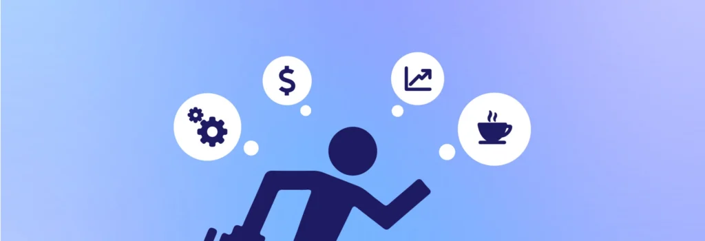 Silhouette of a person running with symbols of money, growth, and coffee representing what bankers want.