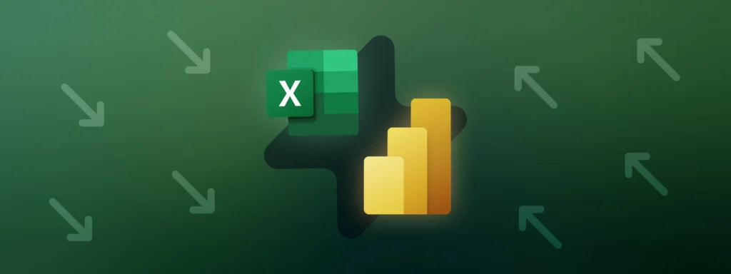Excel and Power BI logos, illustrating how to export Power BI to Excel.