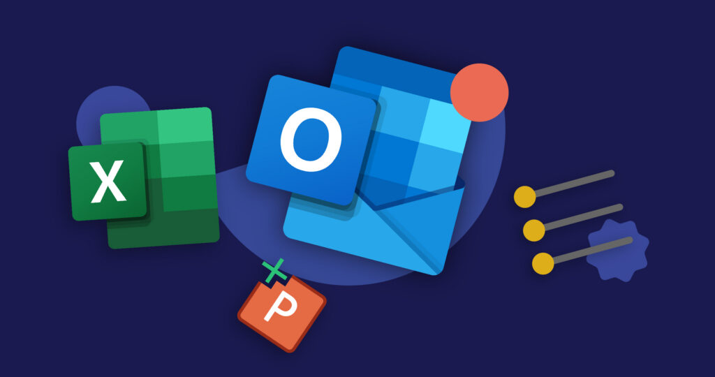 Microsoft Office app icons: Excel, Outlook, and PowerPoint. UpSlide feature news.