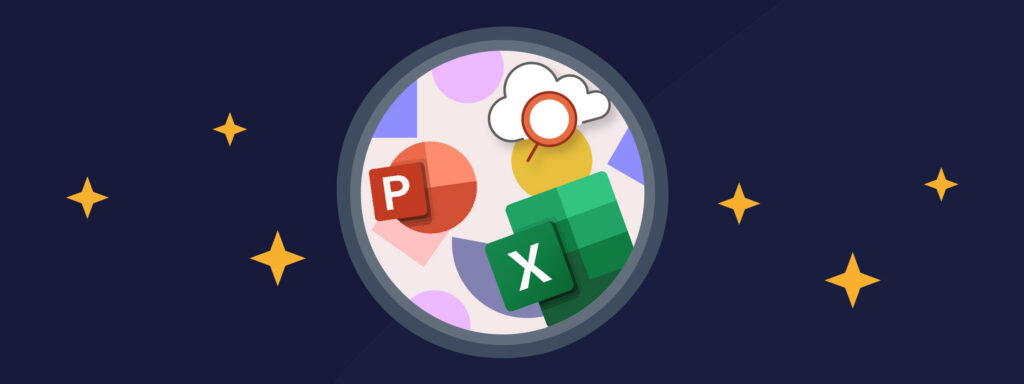 Upslide new features: PowerPoint, Excel, and cloud search icons in a colorful circle.