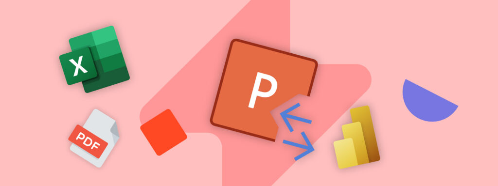 UpSlide feature round-up: Icons representing Excel, PowerPoint, PDF, and chart data.