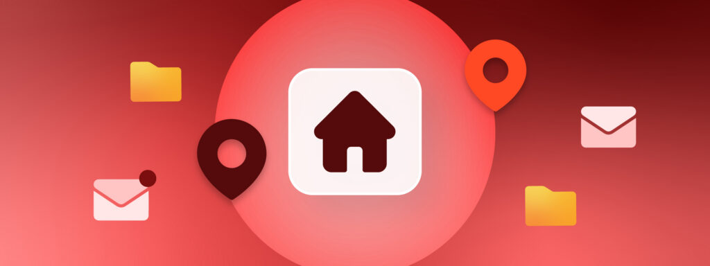Work from home concept with house icon, folders, map pins, and email icons on a red background.