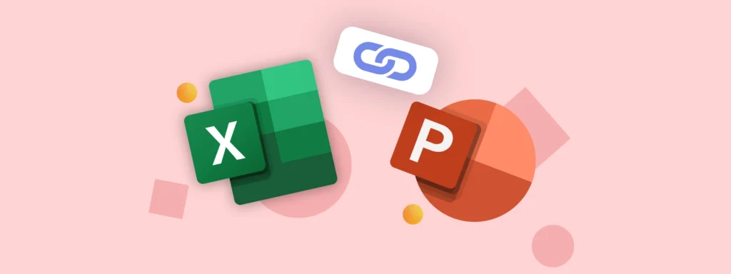 Icons for Excel, PowerPoint, and a link symbol, representing how to link Excel to PowerPoint.
