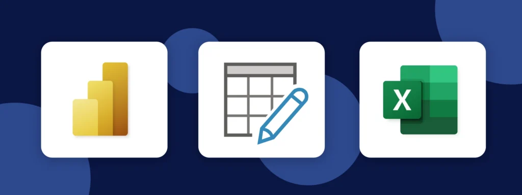 Power Query icons: Power BI, data table with pencil, and Excel.