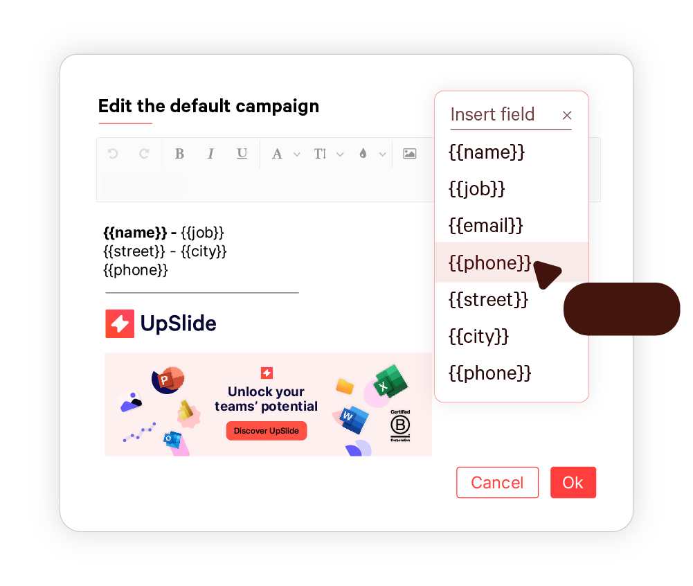 Ajoutez des champs de fusion pour les coordonnées à un modèle de signature Outlook avec le gestionnaire de signature Outlook d&#039;UpSlide.
