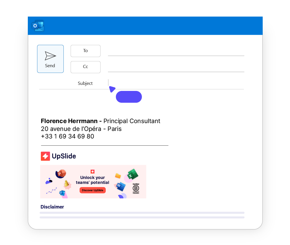 UpSlide Outlook Signature Manager (OSM), garantissant des signatures d&#039;e-mails cohérentes et professionnelles sur tous les appareils et toutes les plateformes, afin de créer une identité de marque uniforme par courriel.