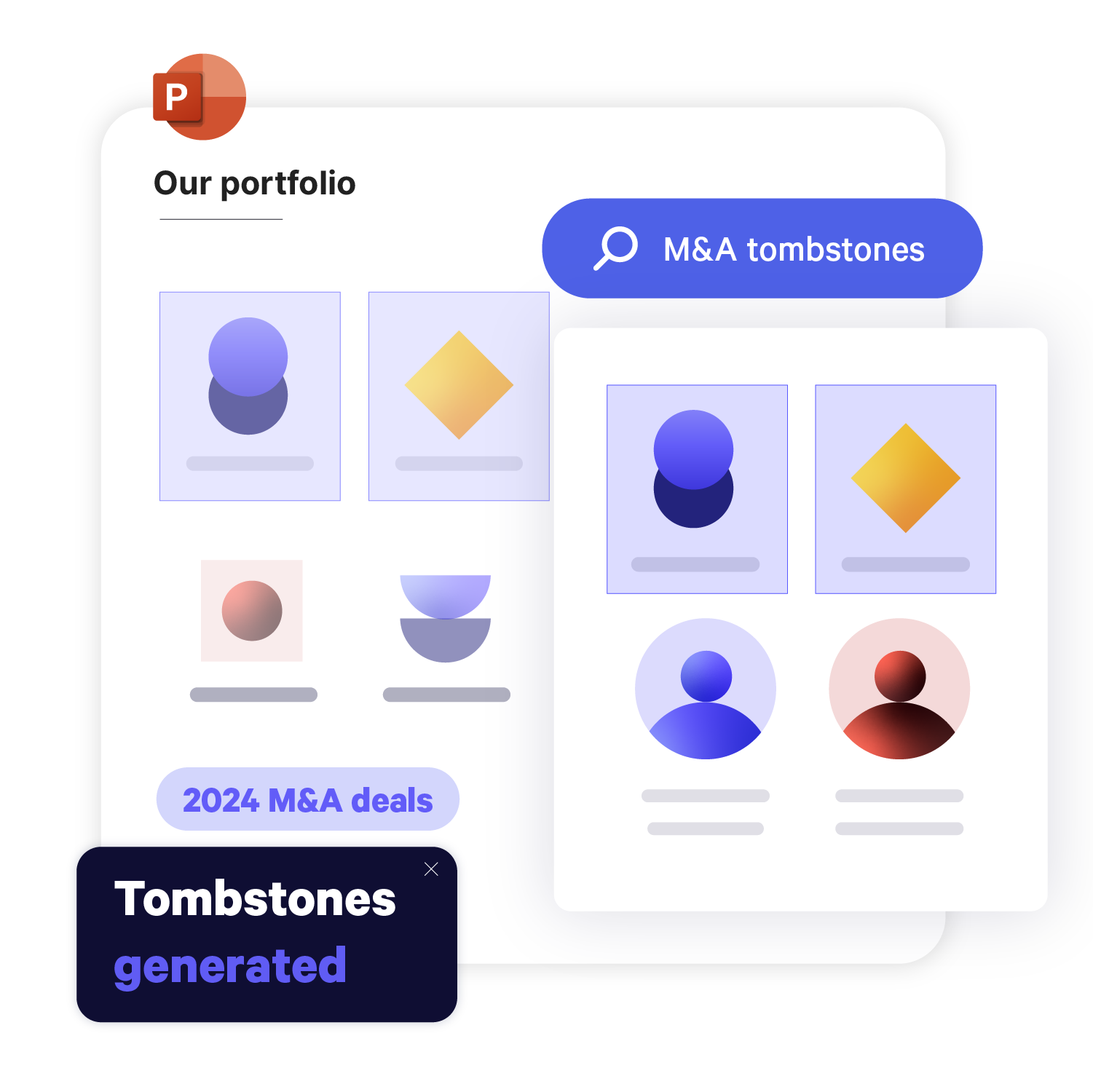 Tombstones populating to show 2024 M&A deals in PowerPoint.