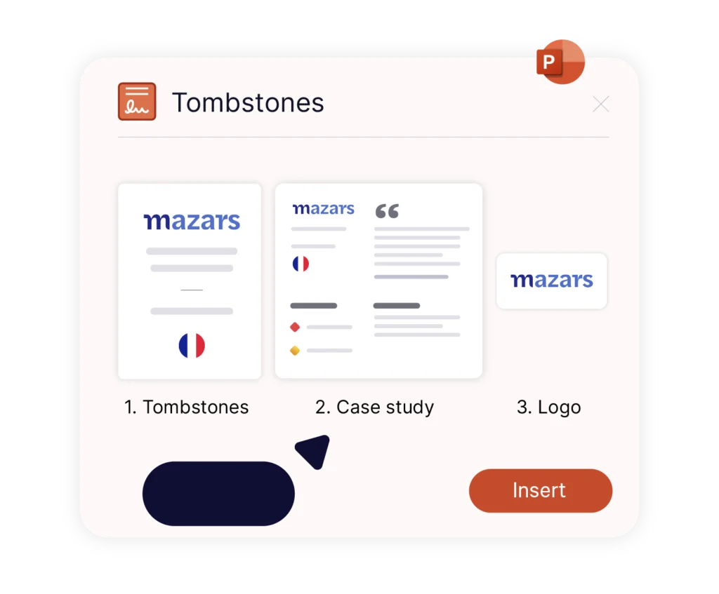 Insert tombstones, case studies, and company logos within PowerPoint