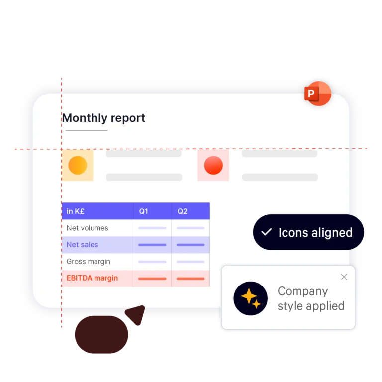 UpSlide's Smart Formatting tool in PowerPoint, demonstrating automated design adjustments to ensure consistent branding and streamlined presentation creation.