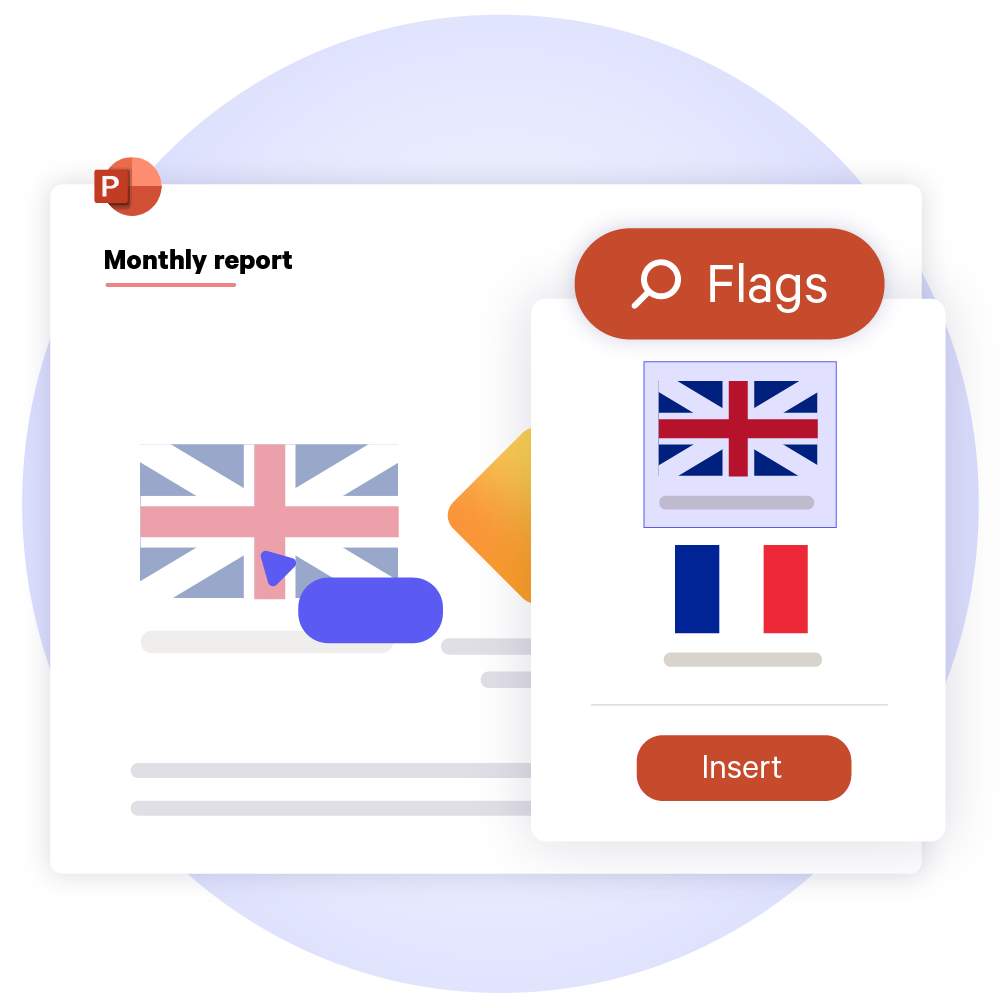 Search for and insert the UK flag and French flag within PowerPoint.