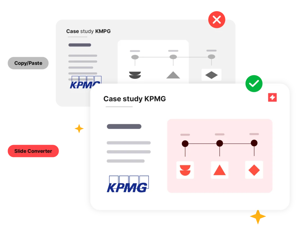 Two slides, one with accurate proportions, one with distortions; to show UpSlide's Slide Converter in action.