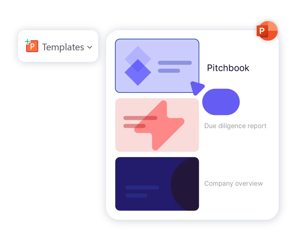 Insert due diligence report, company overview, and pitchbook templates in PowerPoint.