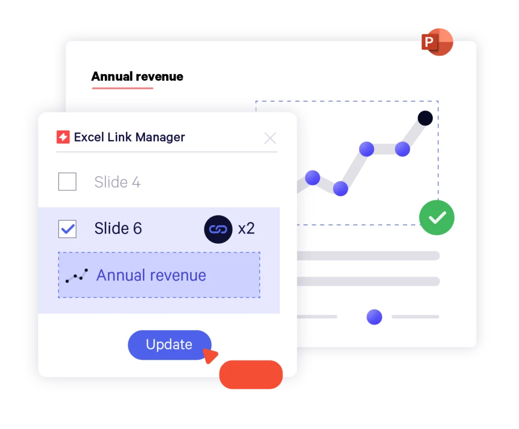 UpSlide's Excel to PowerPoint Link feature, demonstrating the 'Update' function refreshing a specific exported data point for guaranteed accuracy.