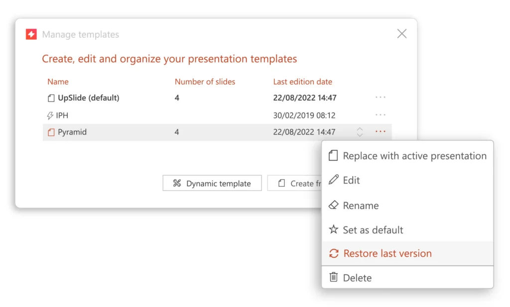 A picture showing how you can autonomously set up your UpSlide Table of Contents and Templates