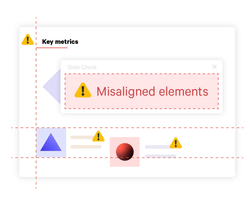 Error notifications for misaligned elements within a key metrics slide.