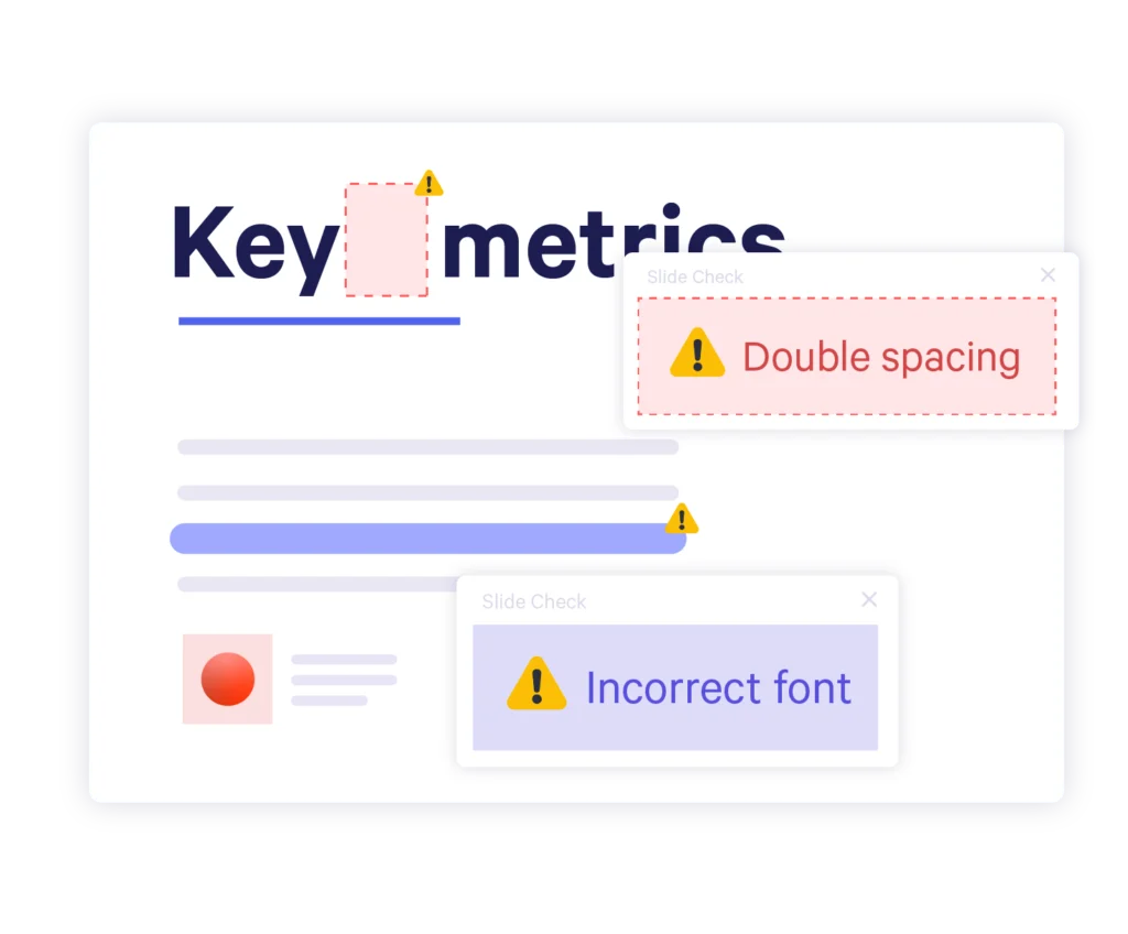 Slide Check alerts for incorrect font and double spacing within a PowerPoint slide.
