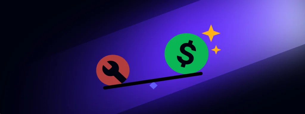 Build vs buy: A wrench and a dollar sign on a balance scale.