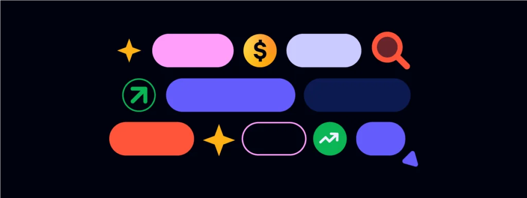Abstract shapes and icons representing investment and software deployment.