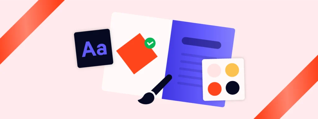 Financial branding design elements: typography, color palette, layout, and a paintbrush.