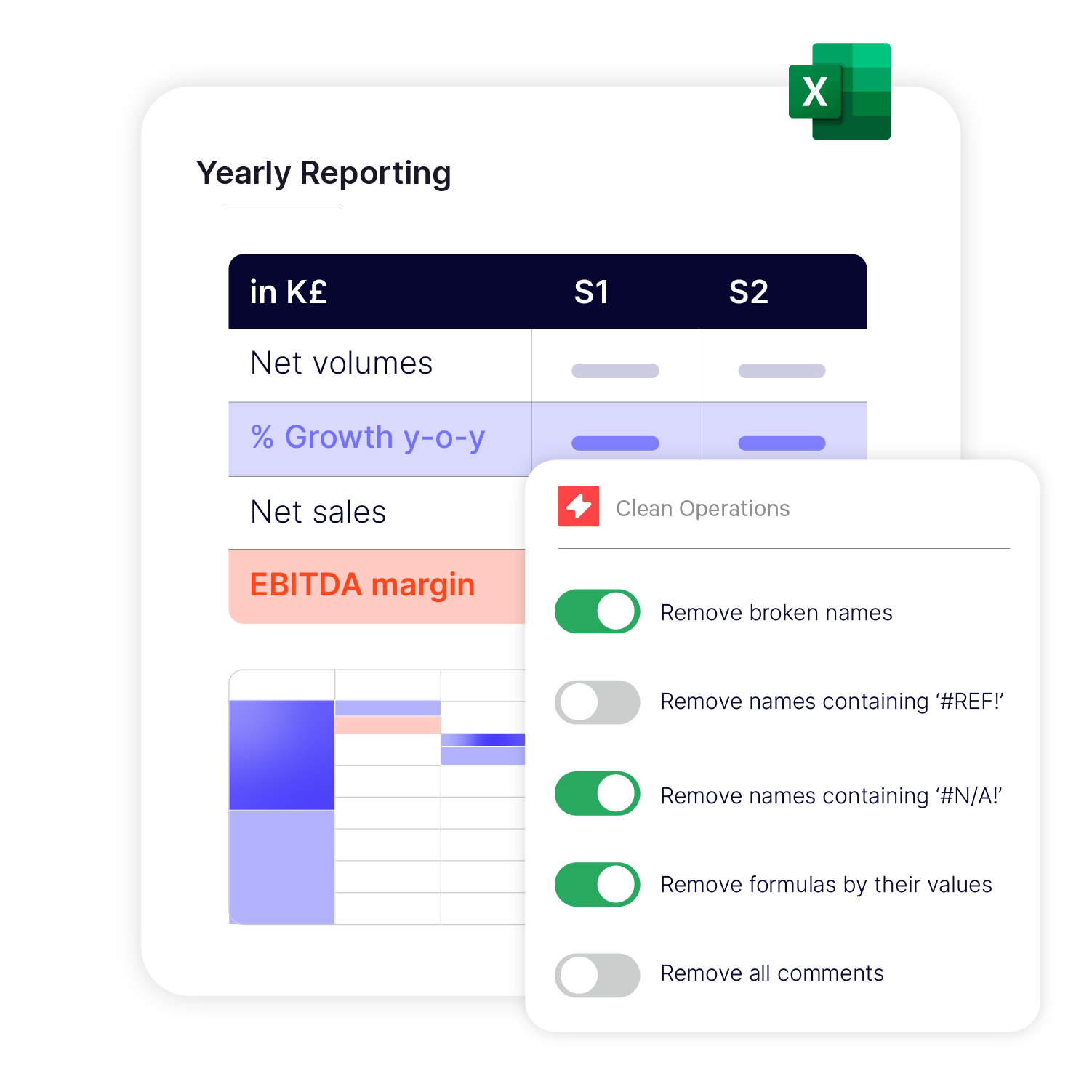 Stylized visual of an Excel workbook with five toggles showing options to clean the file