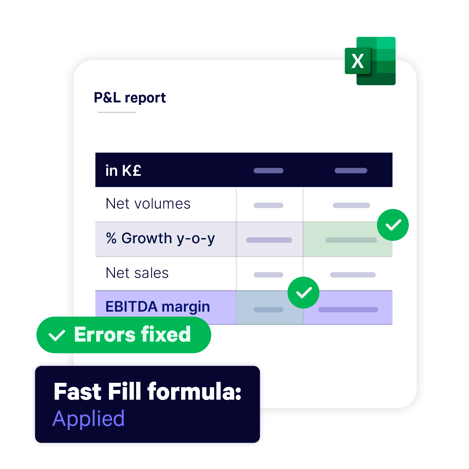 Visual showing a stylized version of an Excel spreasheet with two box of text showing errors have been fixed and formulas have been applied
