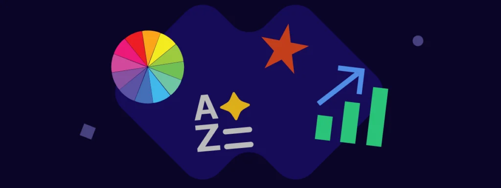 UpSlide feature updates graphic: color wheel, star, A-Z sorting, and upward trending bar graph.