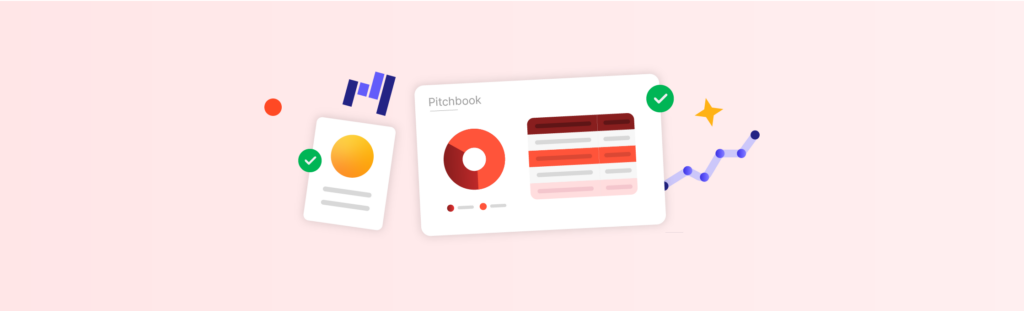 Pitchbook automation illustration: charts, data tables, and upward trending graph.