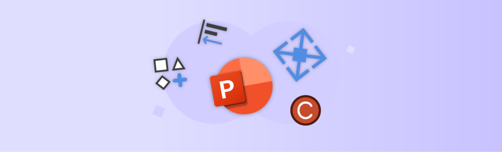 UpSlide new features icons: PowerPoint, chart, shapes, and more, showcasing new capabilities.