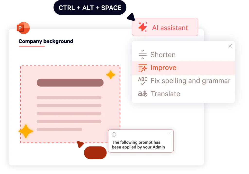 A view of UpSlide's AI Assistant in PowerPoint showing the option to activate with CTRL + ALT + SPACE