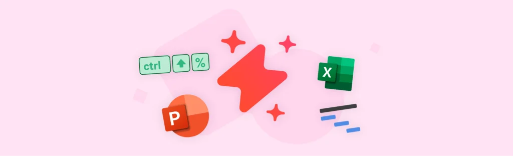Productivity suite icons: Excel, PowerPoint, keyboard shortcuts, and fast performance.