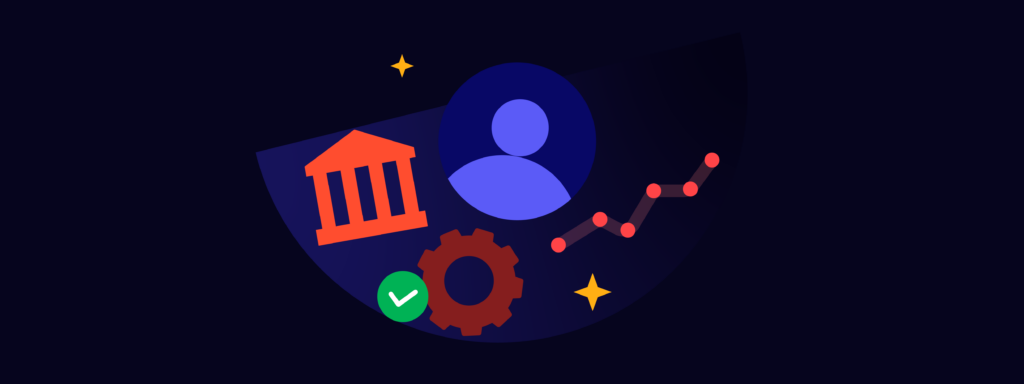 Banking productivity concept: Bank building, user icon, gear, check mark, and rising graph.