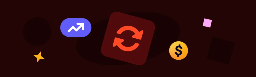 Icons representing ROI growth, document automation software, and currency exchange.