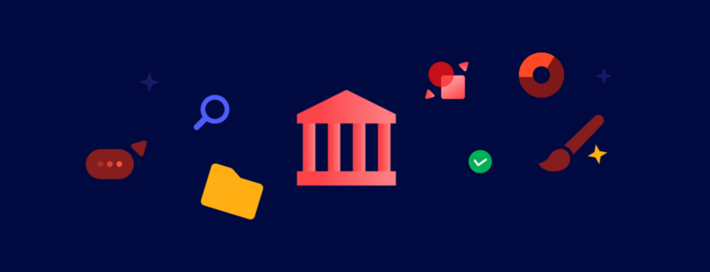 Investment banking competition concept: Bank building, search icon, folder, and design elements.