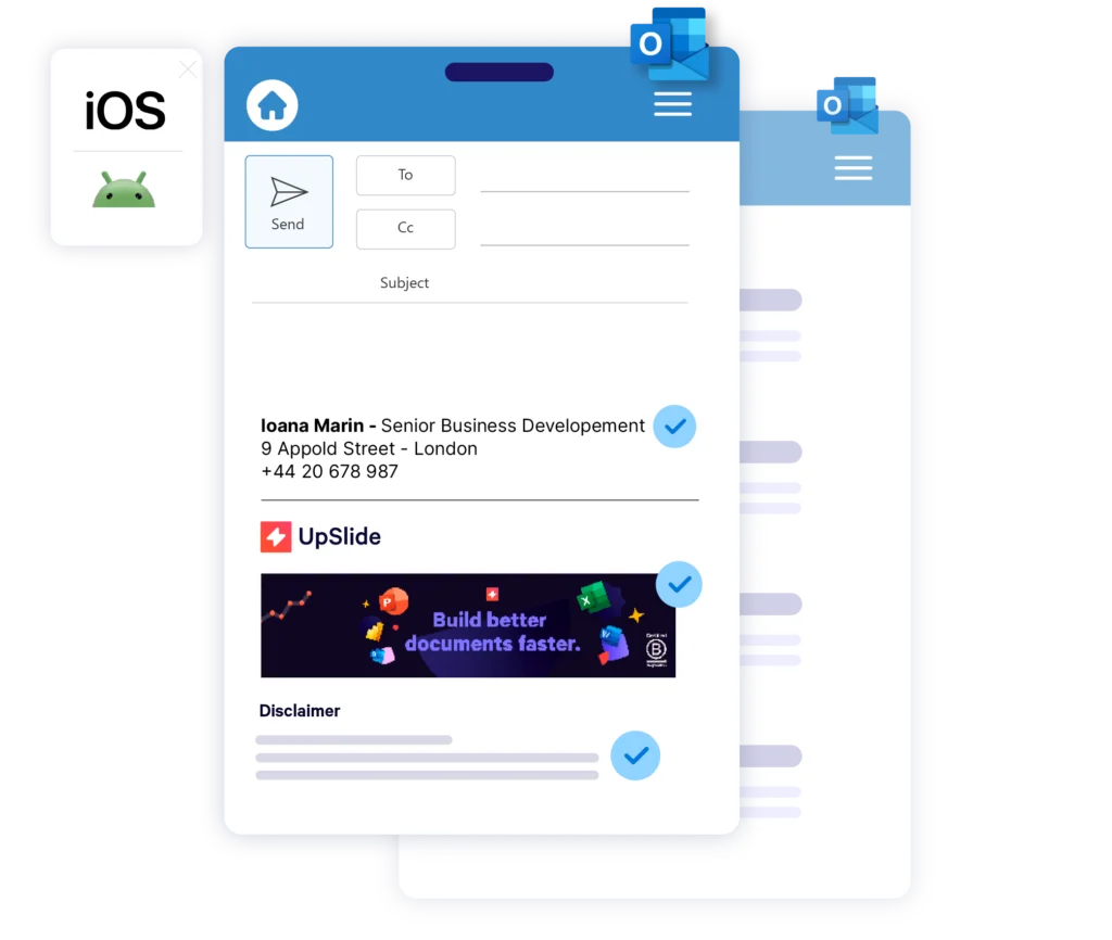 Une vue du gestionnaire de signatures Outlook d&#039;UpSlide sur iOS et Android