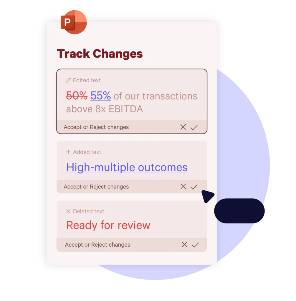 A visual showing a pane of track changes in powerpoint