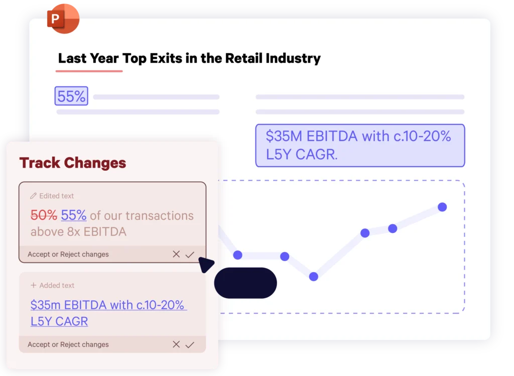 A slide with a track changes pane showing two changes