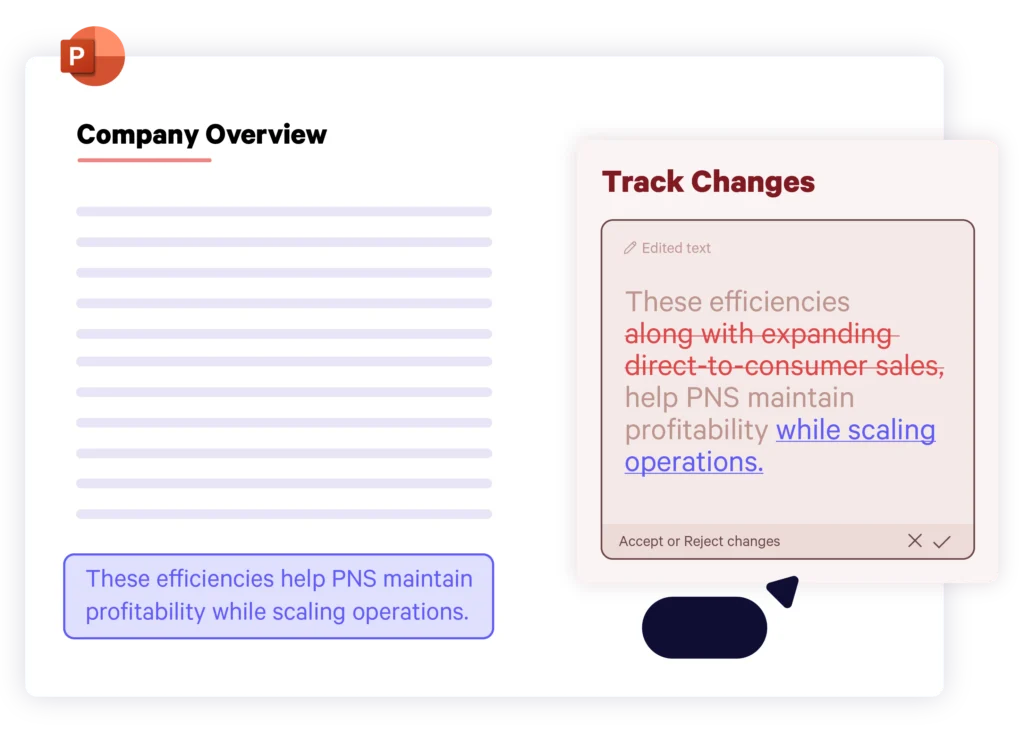 A company overview slide with a track changes pane showing deleted text