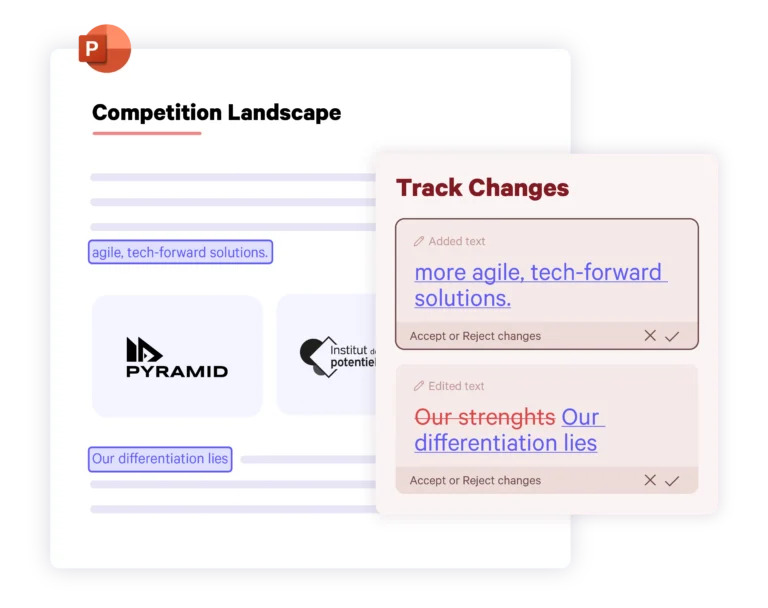 Diapositive de concours en mode paysage avec un volet de track changes montrant deux modifications.