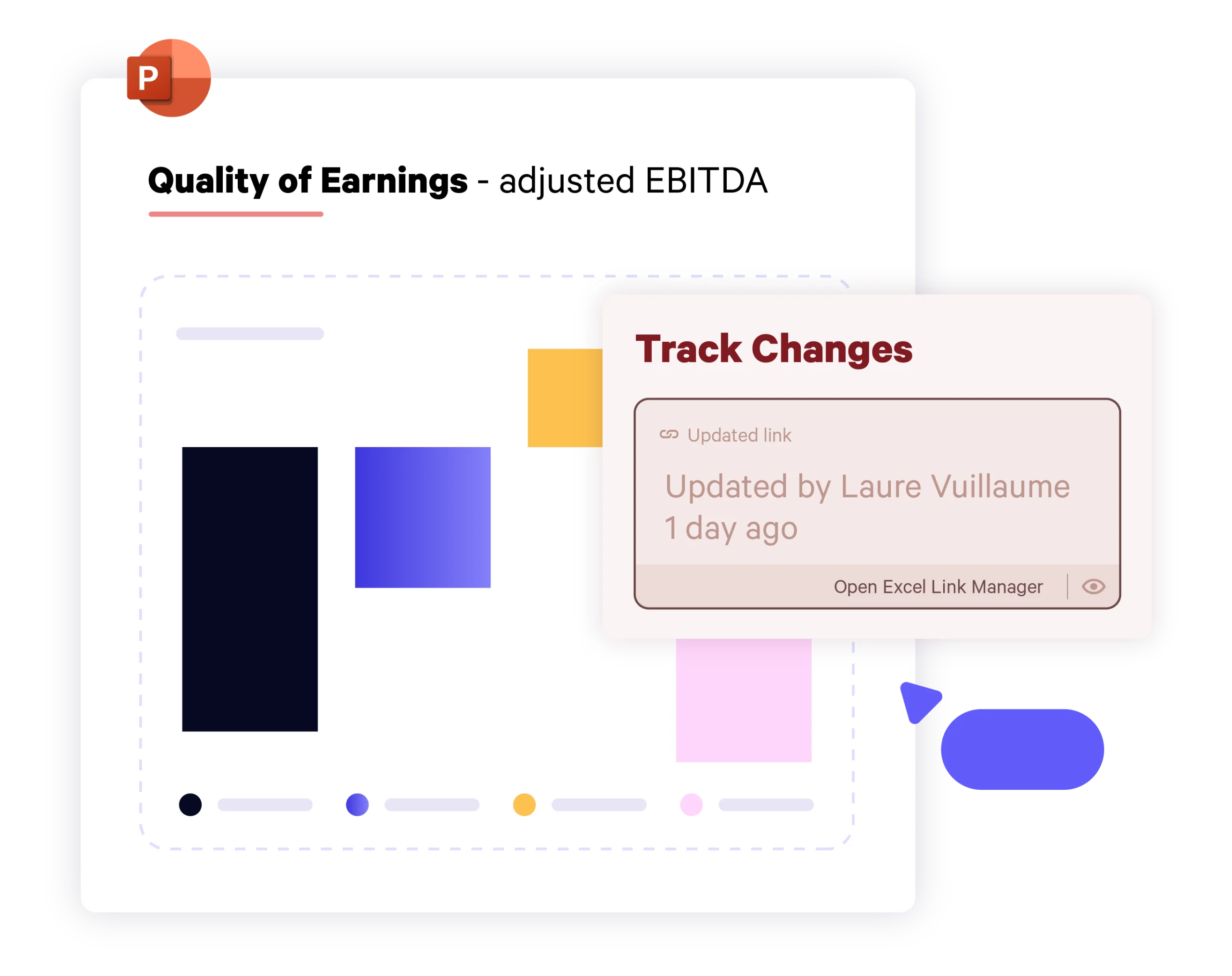 Quality of earnings slide with track changes pane showing an edit