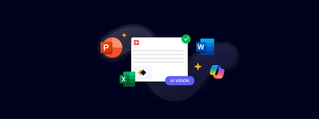 Dark-themed graphic showing icons for PowerPoint, Excel, Word, and a document with a checkmark labeled 'AI VISION,' suggesting AI integration across Microsoft Office tools.