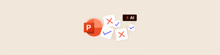 Banner showing a powerpoint icon, with five other icons showing ticks and crosses, and a small box saying AI